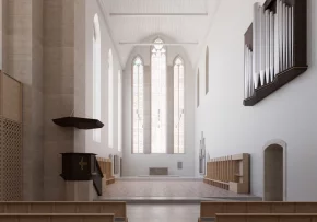 Blick in den Inneraum der umgestalteten Augustinerkirche (Entwurf). | Foto: Animation: Architekten Schoener und Panzer/ Leipzig